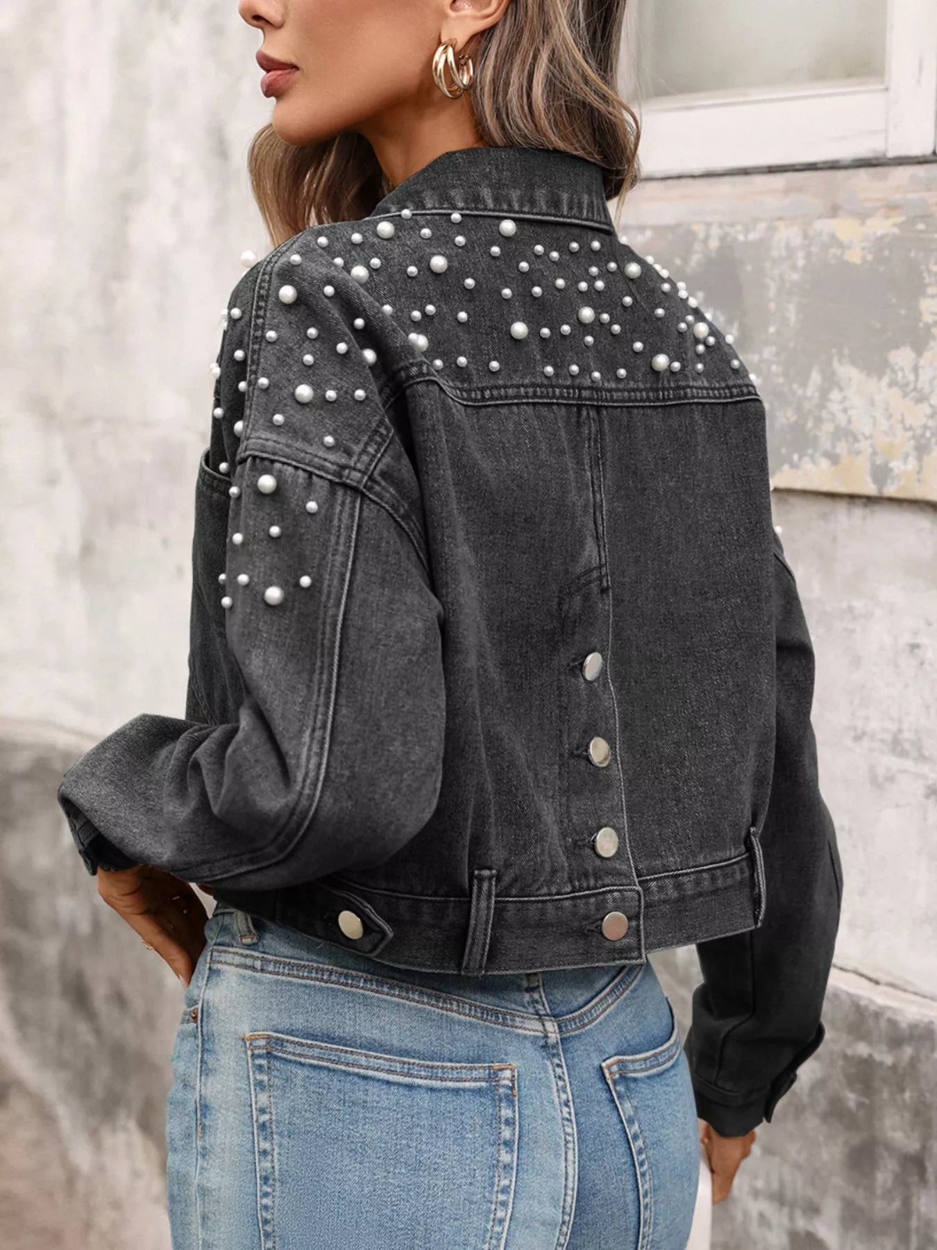 Pearl Embellished Cropped Denim Jacket by Moni Wear