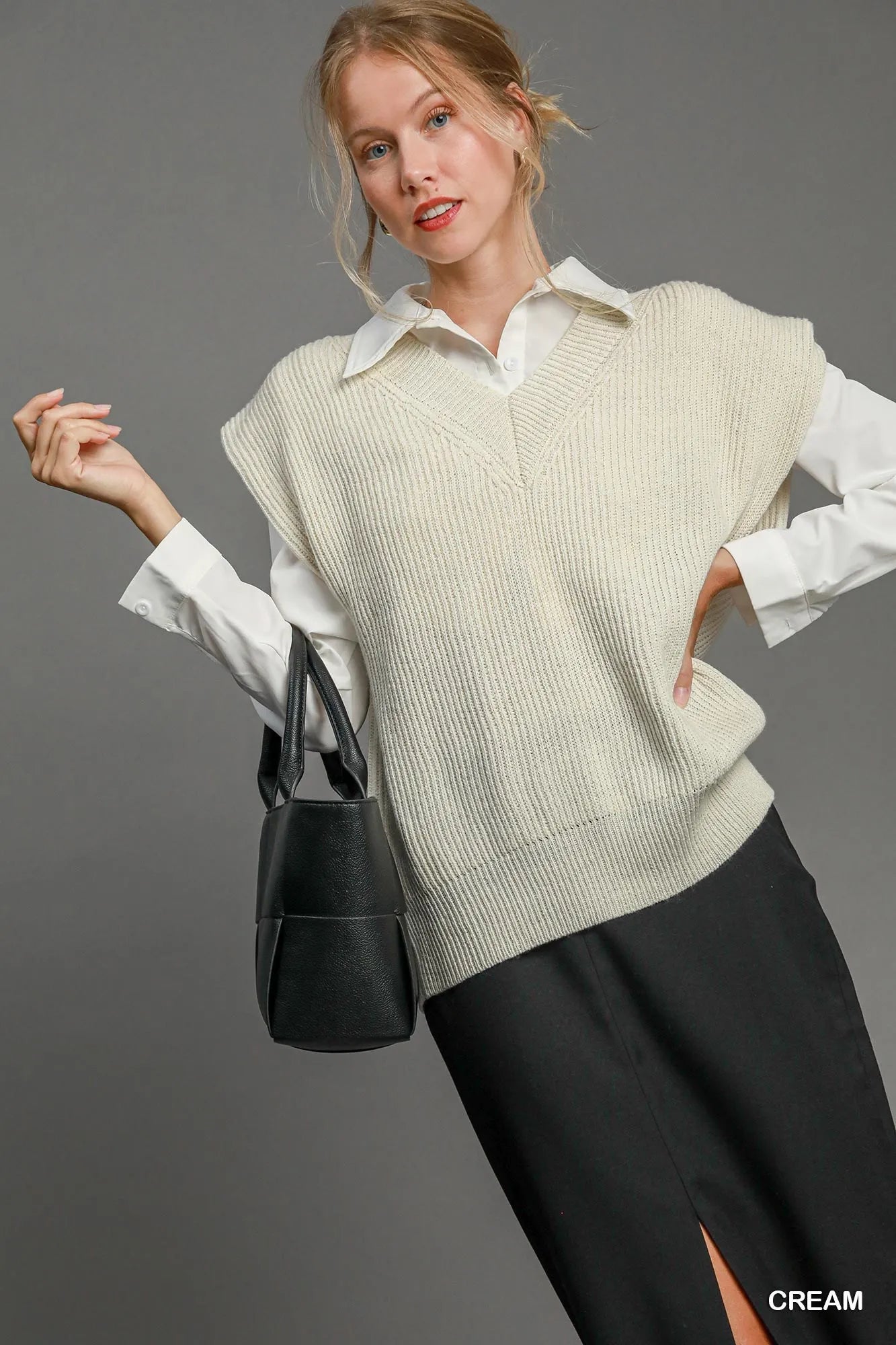 Umgee Oversized V-Neck Sweater Vest in Cream