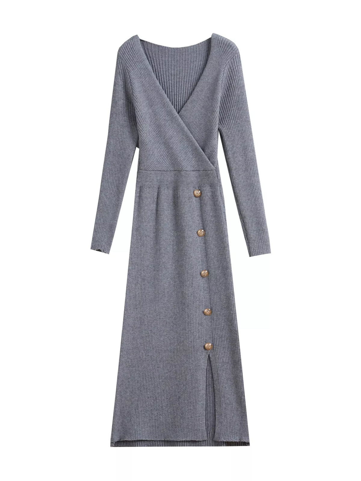Decorative Button Ribbed Knit Sweater Dress