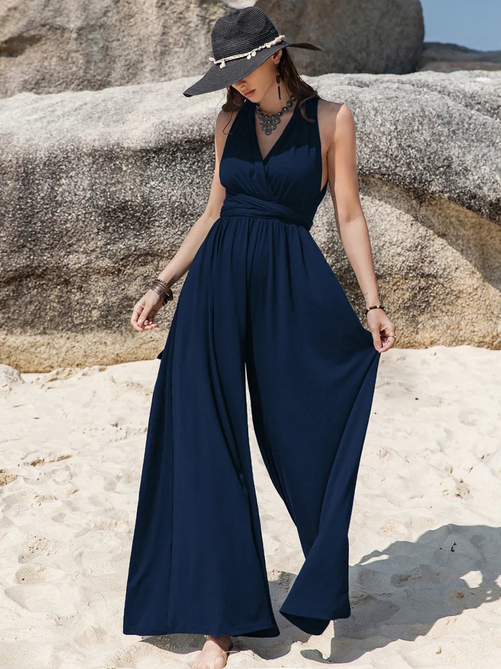 Surplice Wide Leg Jumpsuit in Dark Blue