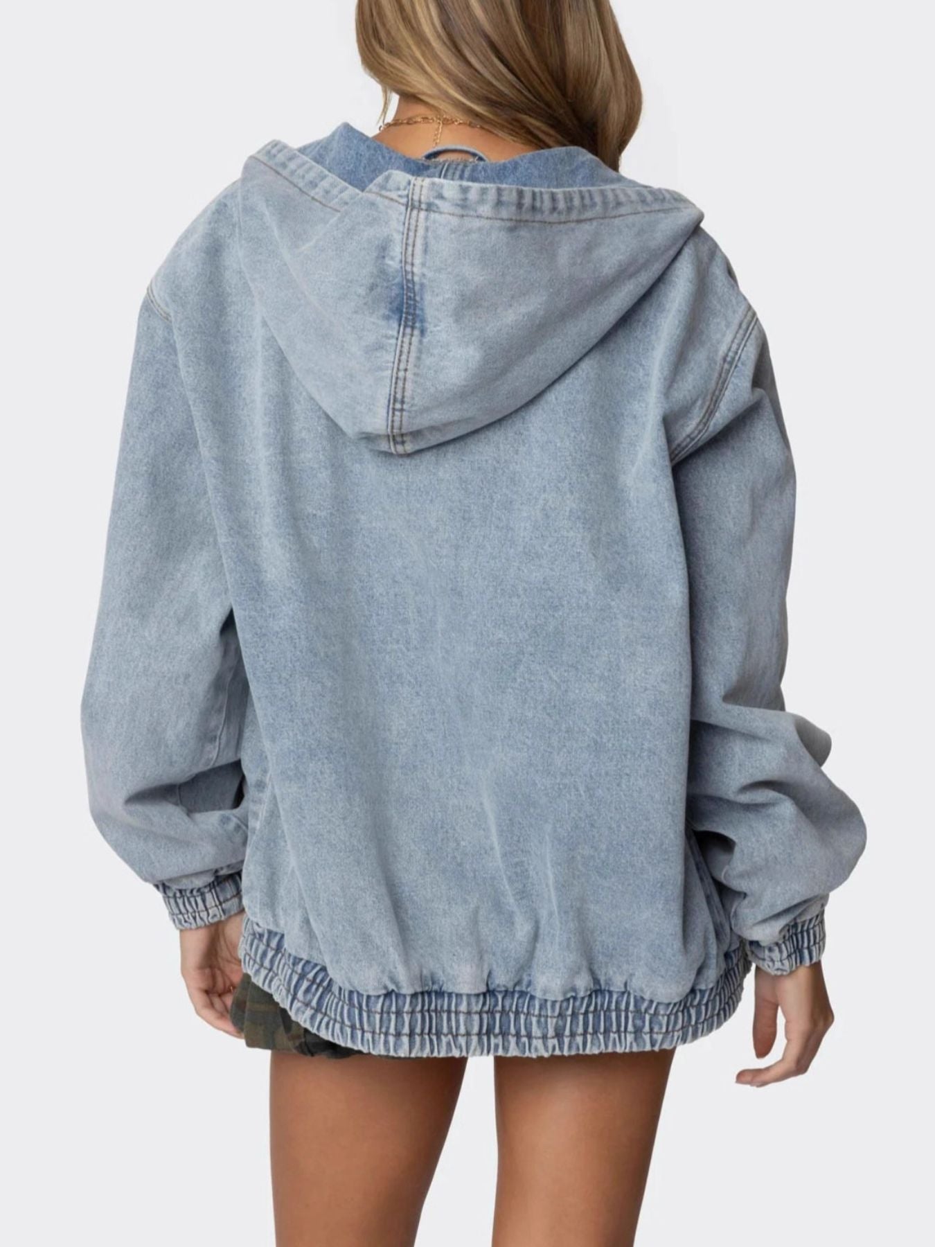 Hooded Oversized Zip-Up Denim Jacket in Light Blue by Dreamy Drapes