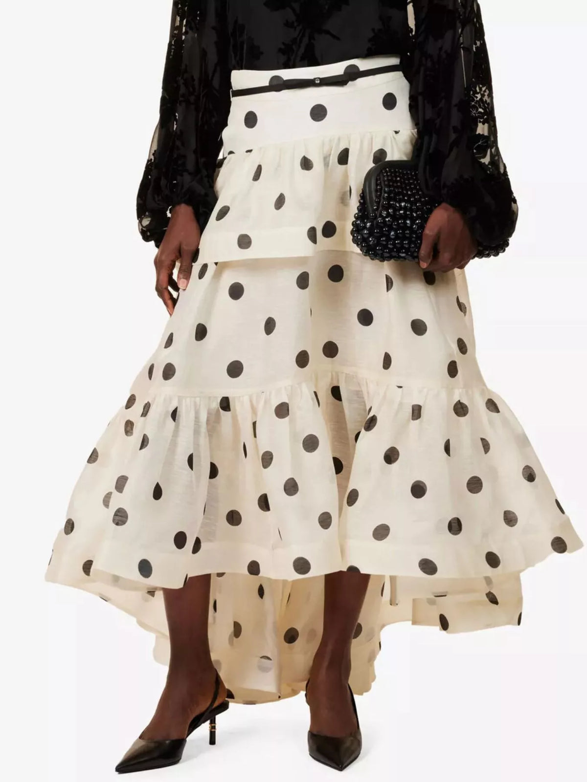 Polka Dot Tiered Ruffle Skirt in Beige