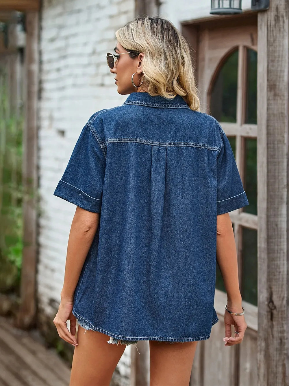 Pocketed Button-Up Short Sleeve Denim Shirt by Manny