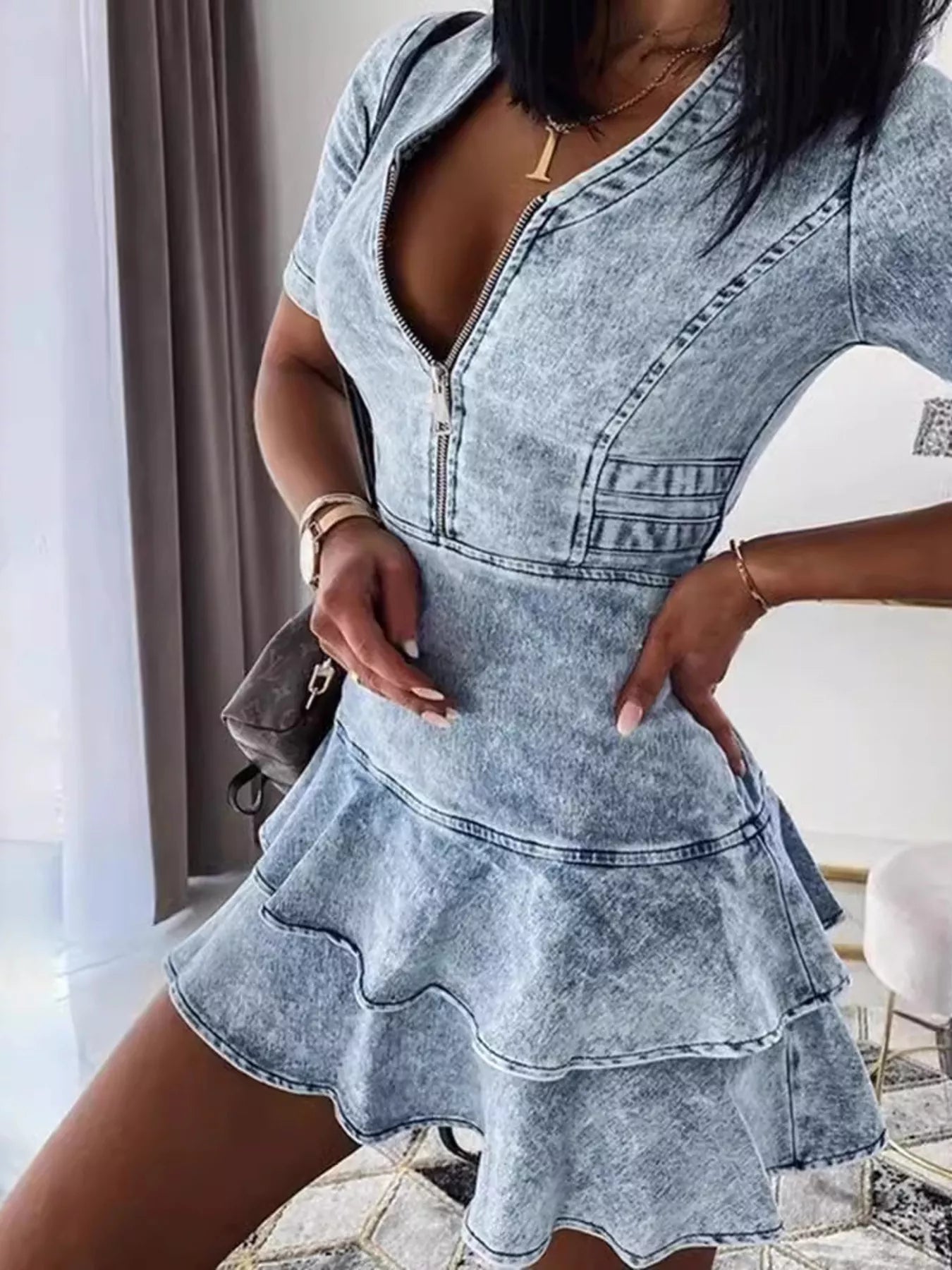 Ruffled Tiered Denim Dress in Light Wash