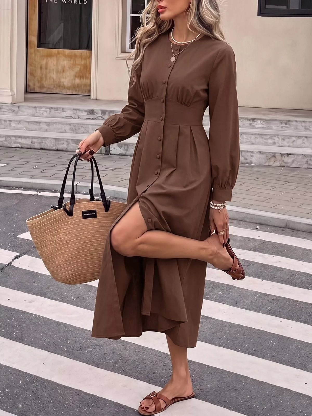 Button-Down Long Sleeve Midi Dress in Coffee Brown