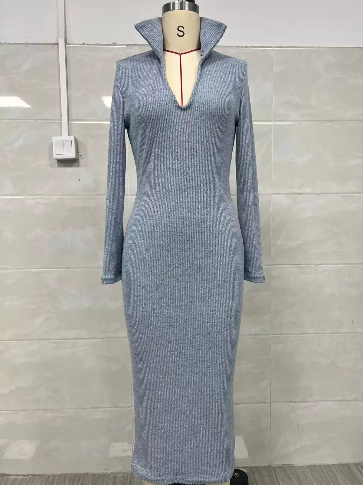 Ribbed Knit V-Neck Sweater Dress
