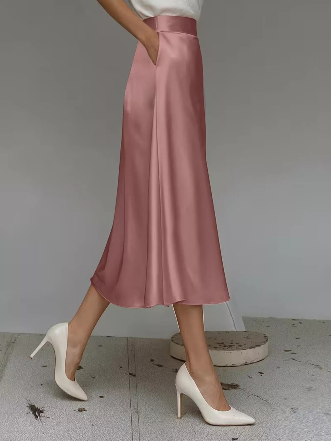 Satin Midi Skirt with Pockets