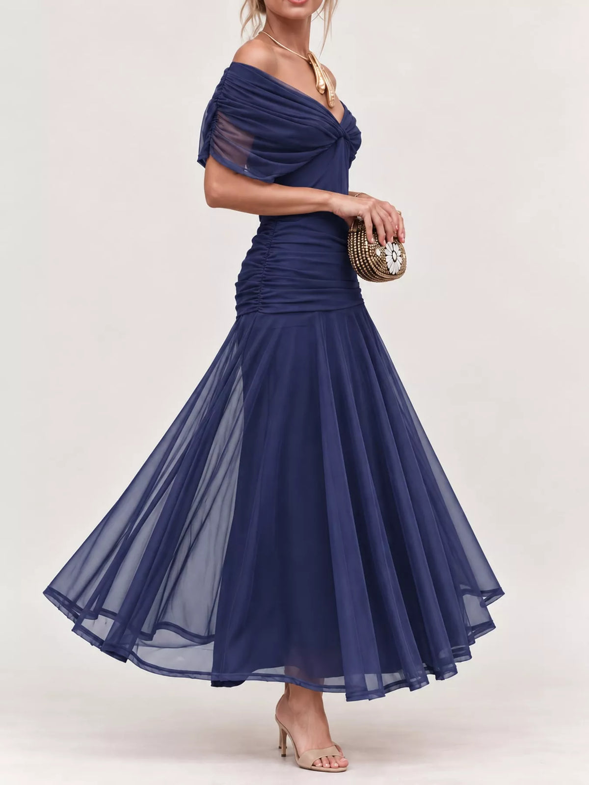 Off-Shoulder Ruched Tulle Evening Maxi Dress
