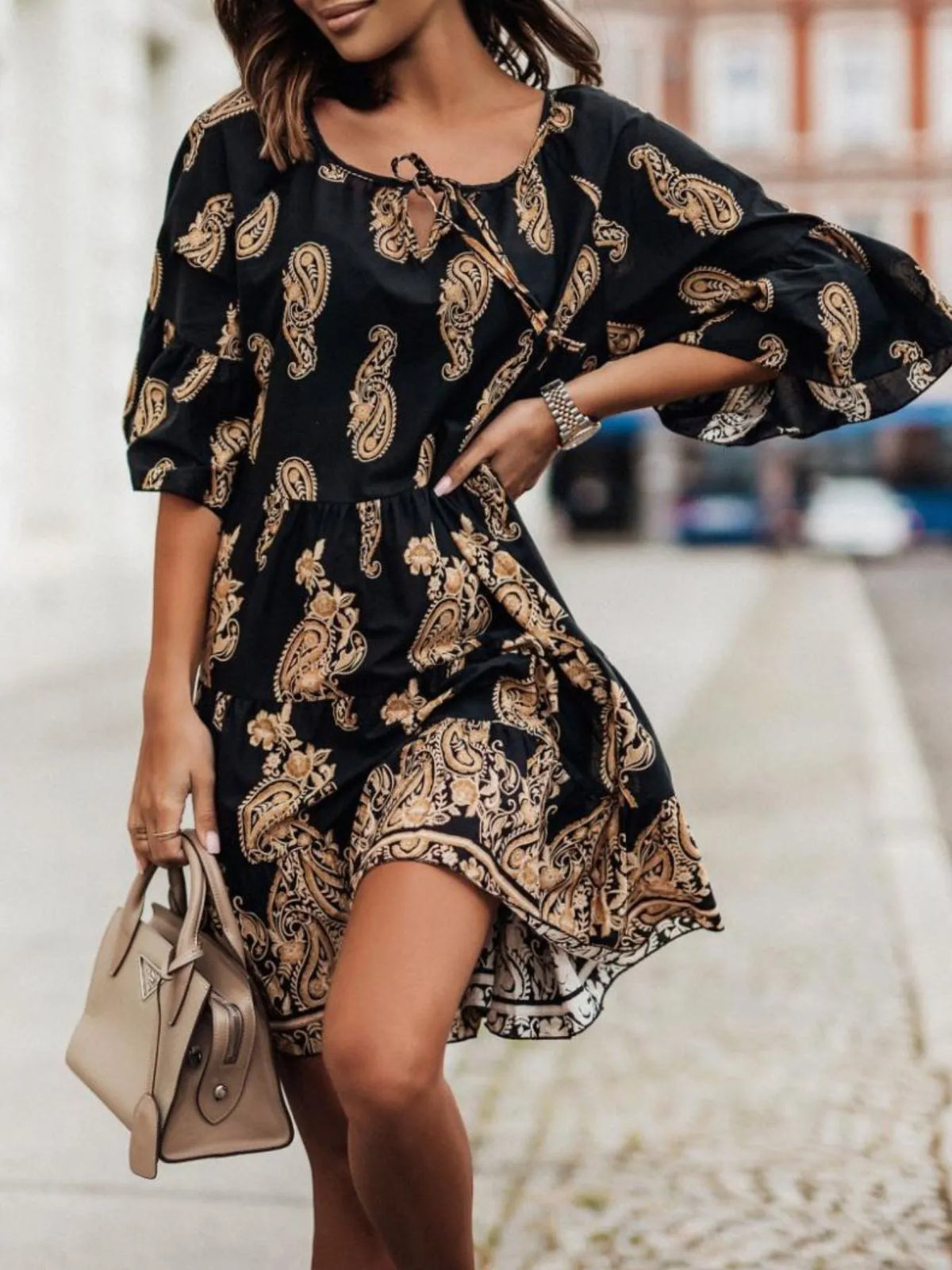 Paisley Tie-Neck Ruffled Half Sleeve Mini Dress