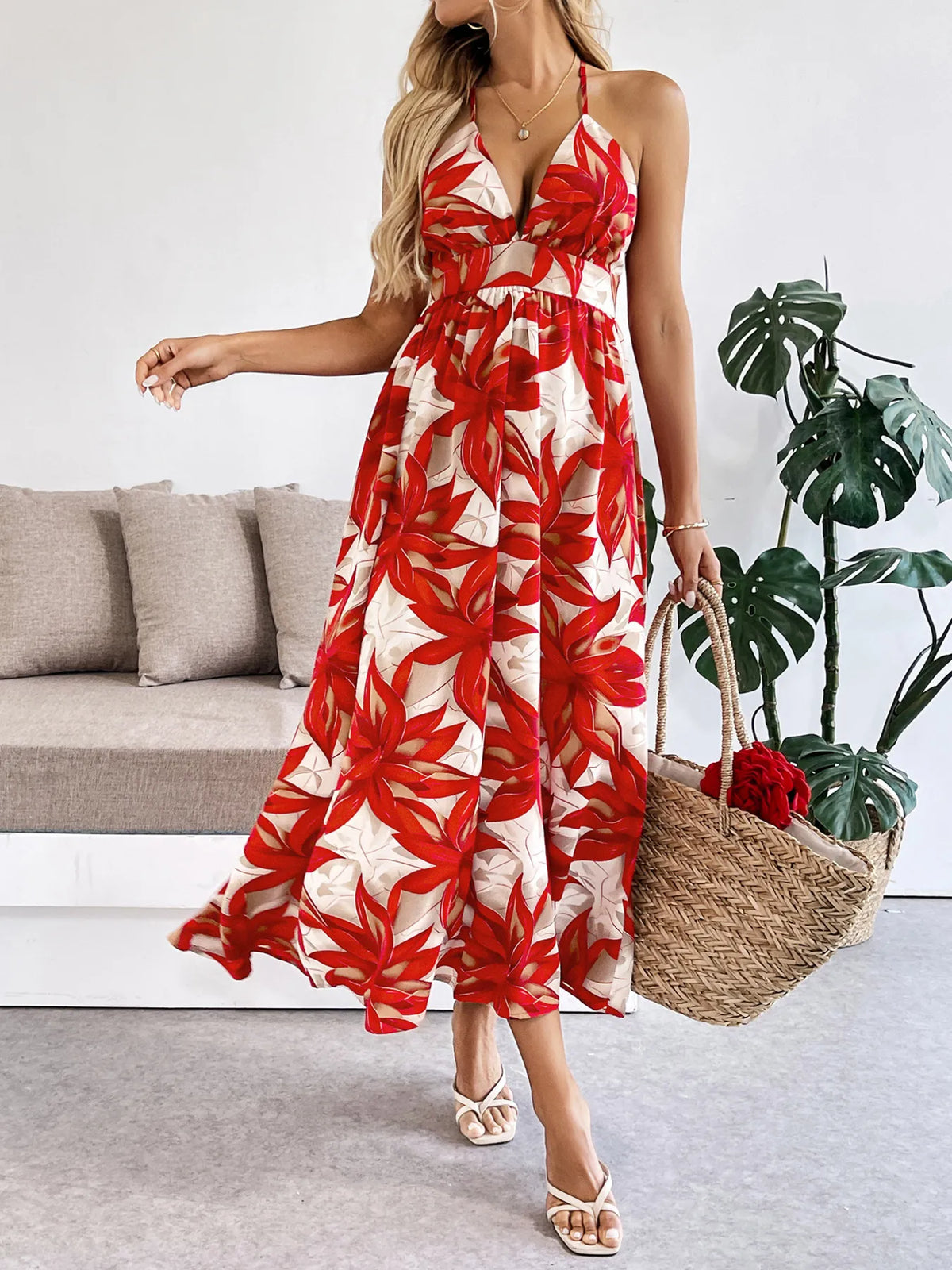 Crisscross Back Printed Midi Dress in Red