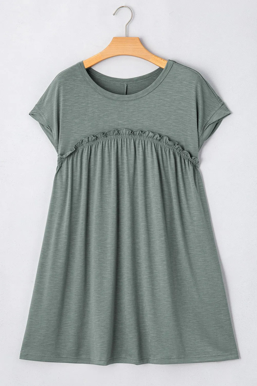 Frilled Round Neck T-Shirt Dress in Sage