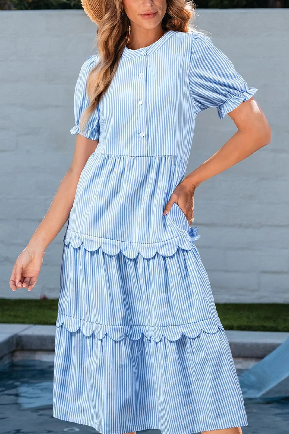 Striped Scallop Tiered Midi Dress in Light Blue