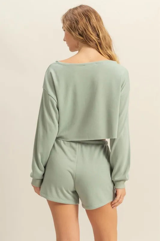 Hyfve Boat Neck Long Sleeve Cropped Top in Sage Green