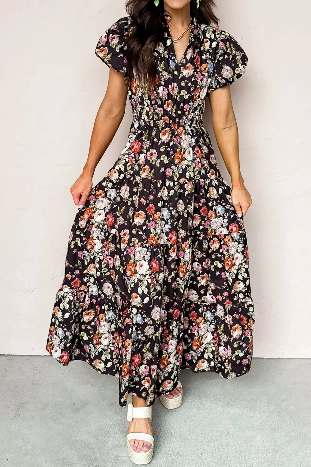 Floral Print Tiered Smocked-Waist Maxi Dress