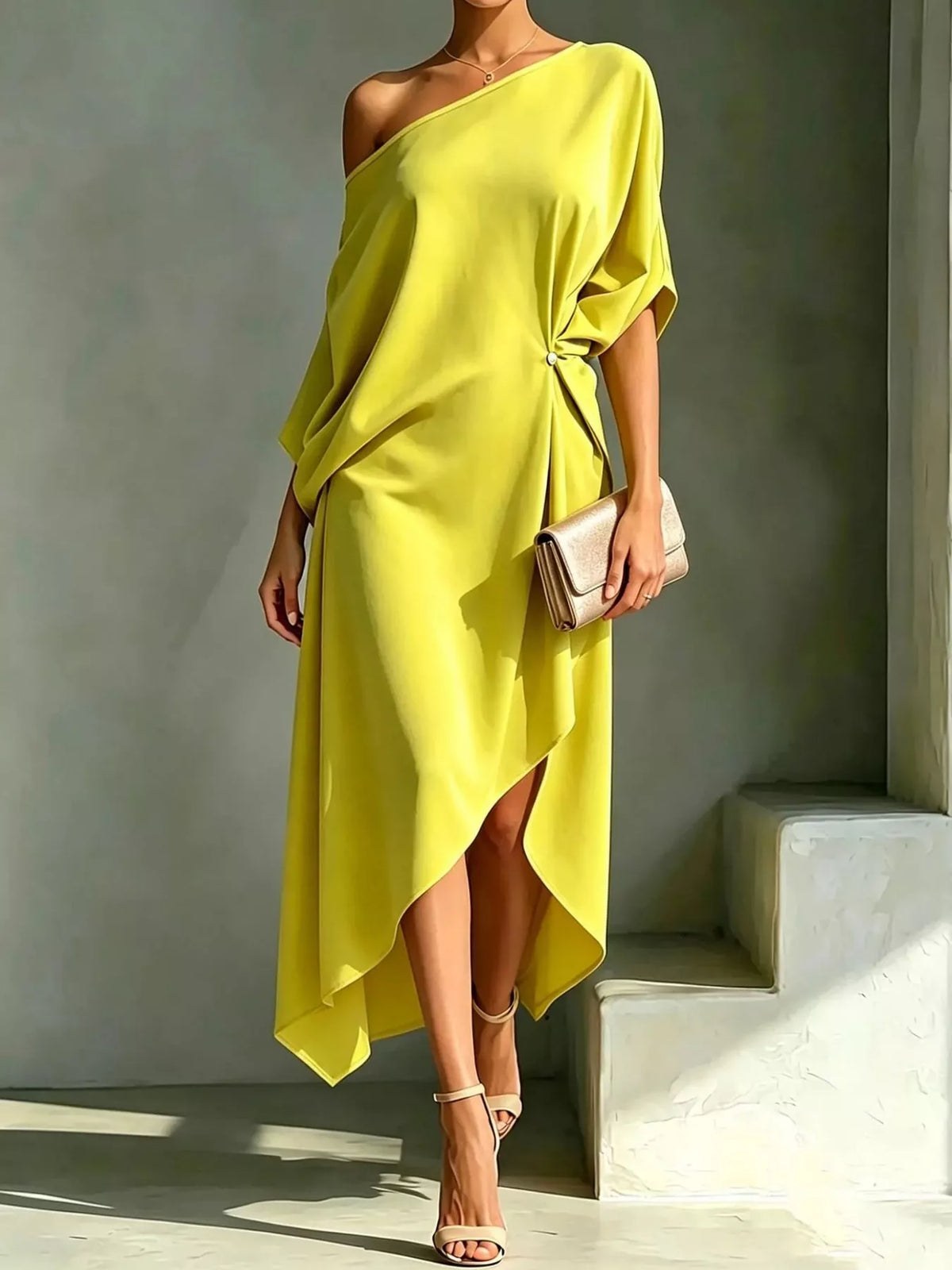 One-Shoulder Asymmetric Hem Midi Dress