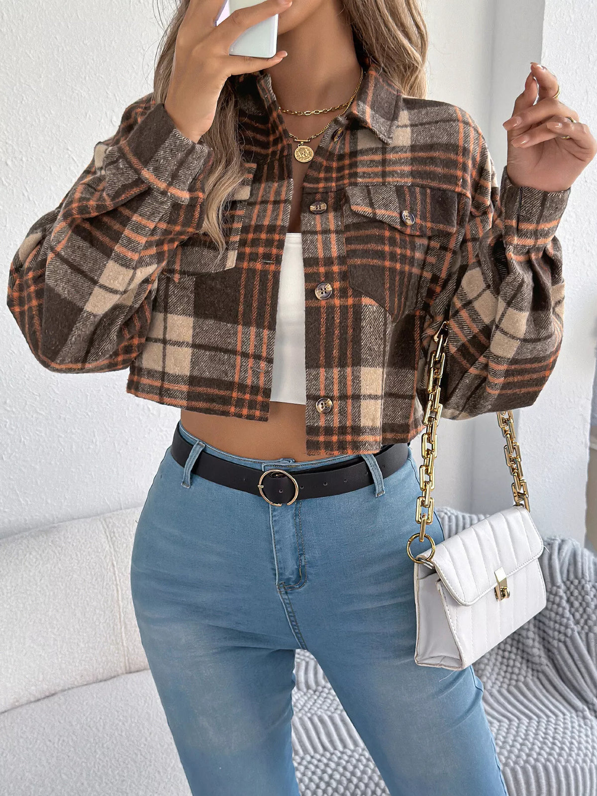 Plaid Button-Up Cropped Jacket by Clise