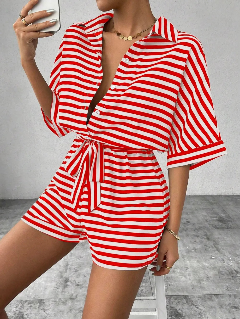 Half-Button Tie Waist Striped Romper