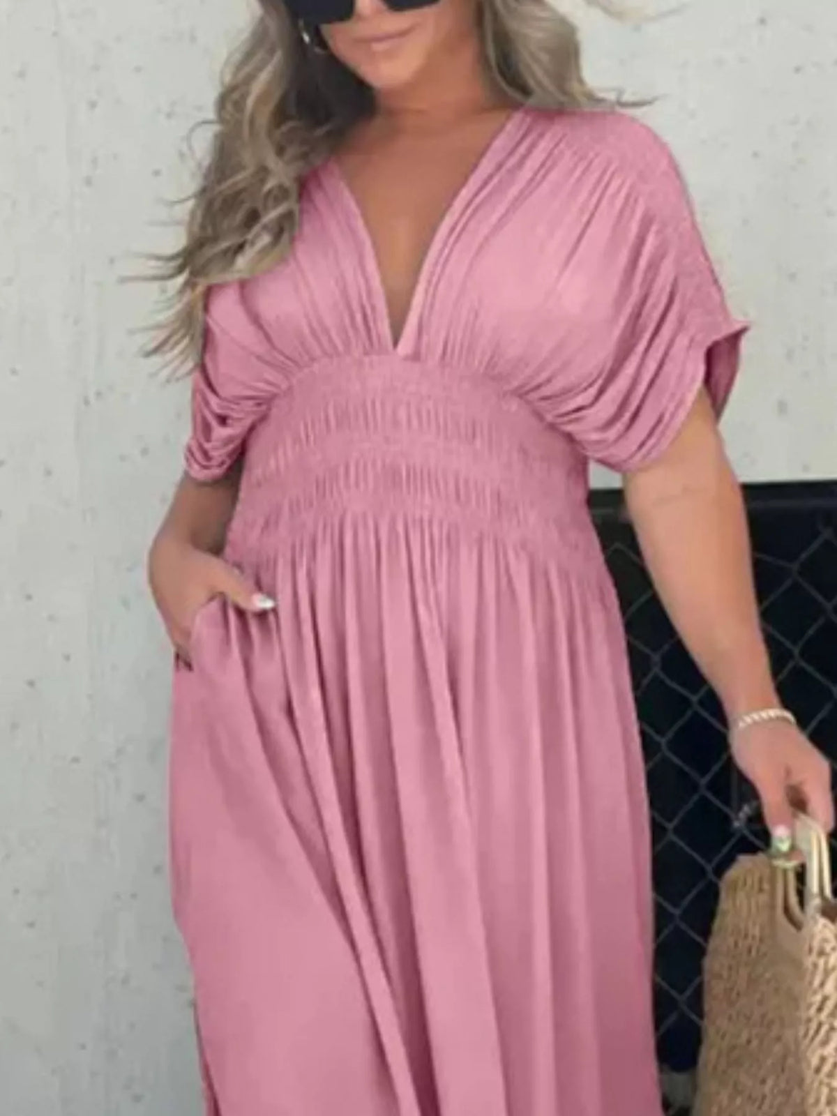 Smocked Waist V-Neck Slit Maxi Dress