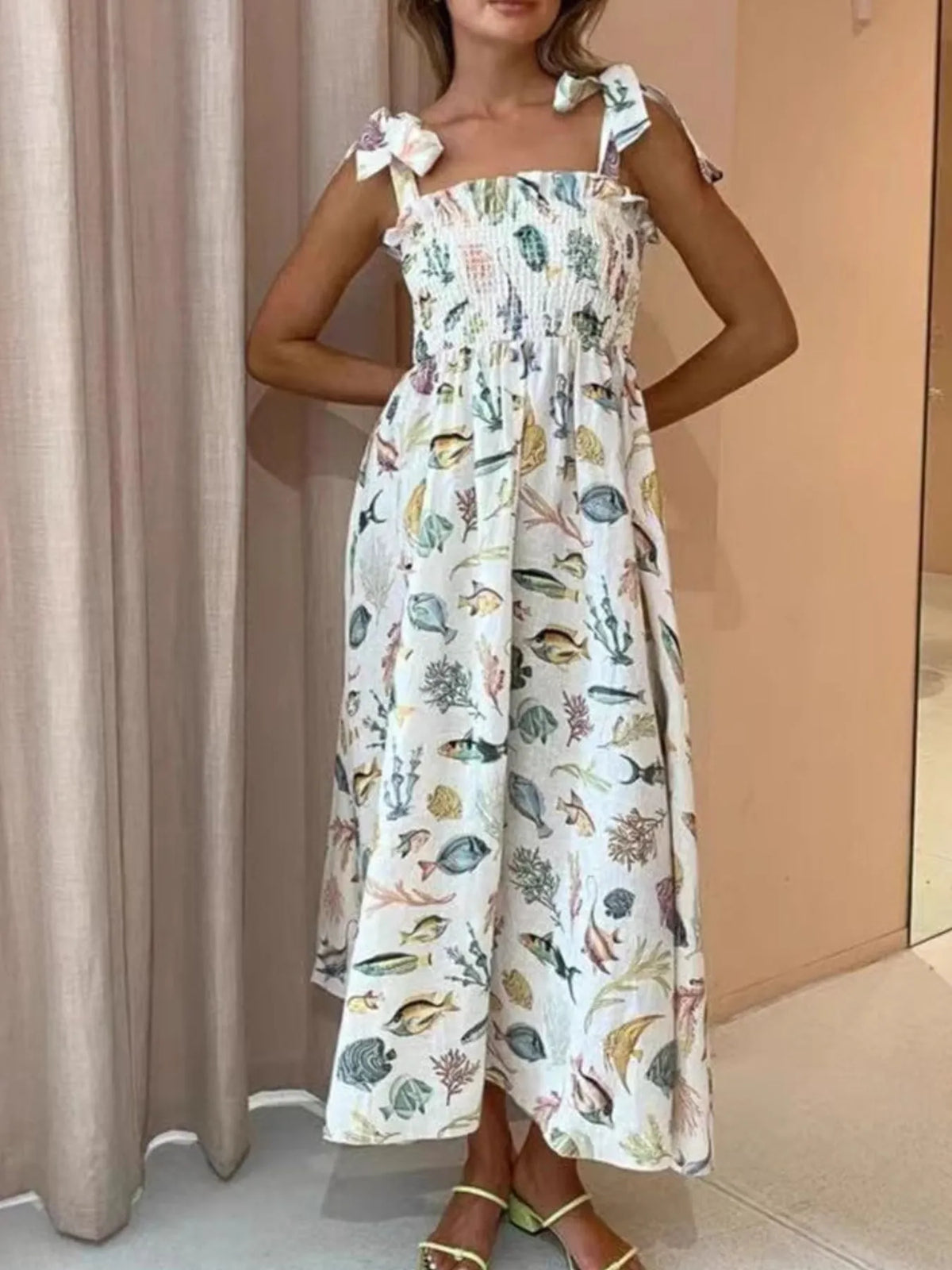 Floral Tie-Shoulder Smocked Dress in White