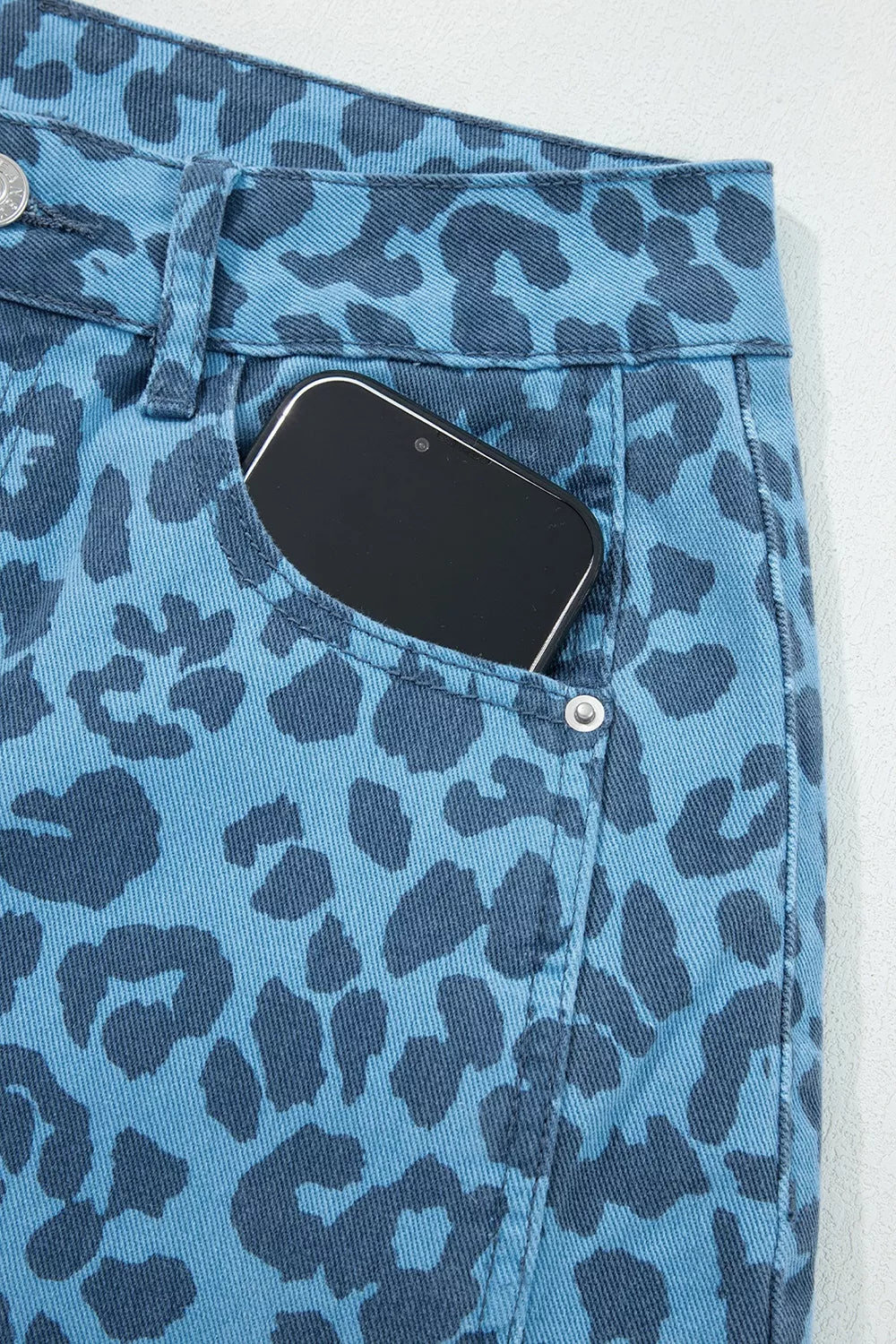 Leopard Print Barrel Leg Jeans in Cerulean