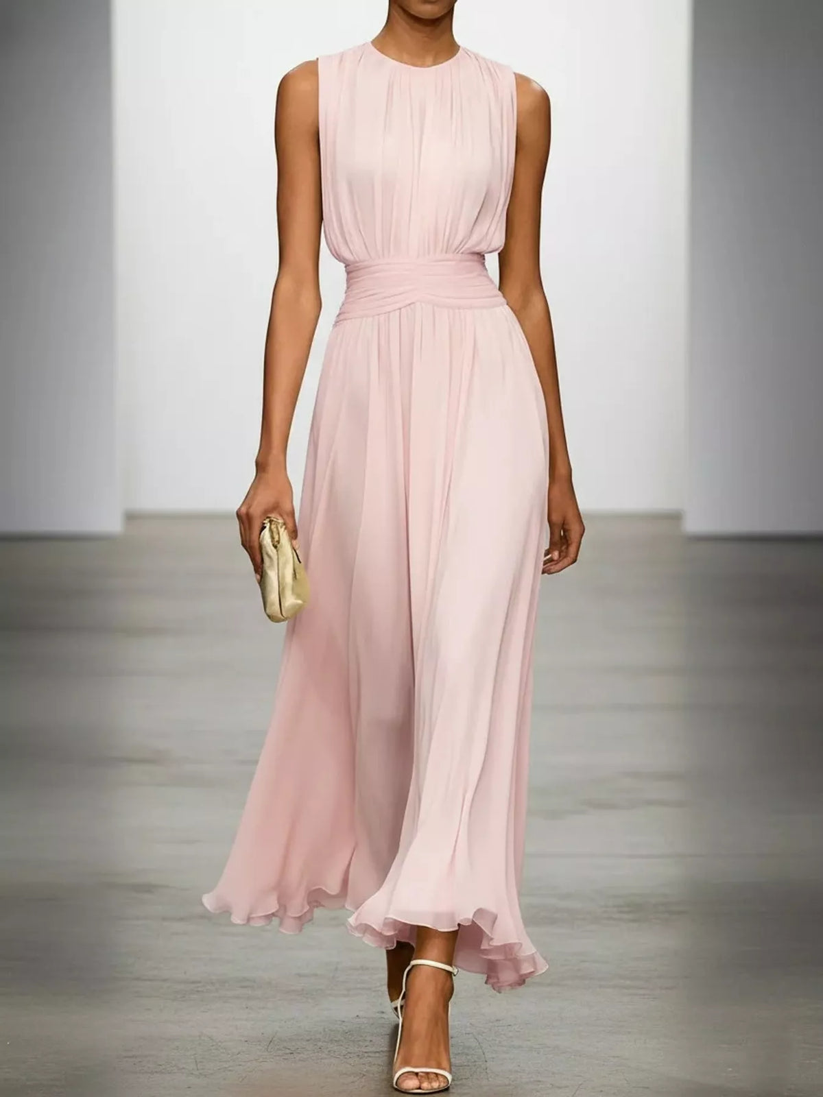 Sleeveless Ruched Chiffon Maxi Dress