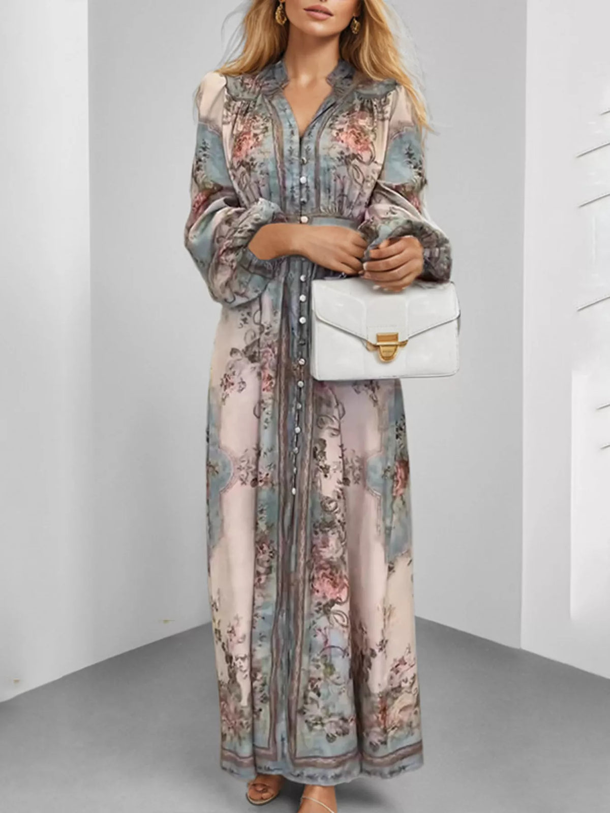 Puff-Sleeve Floral Maxi Dress in Air Force Blue, Plus Size