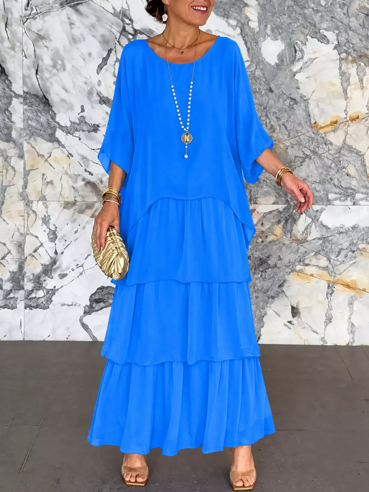 Layered Batwing-Sleeve Tiered Maxi Dress