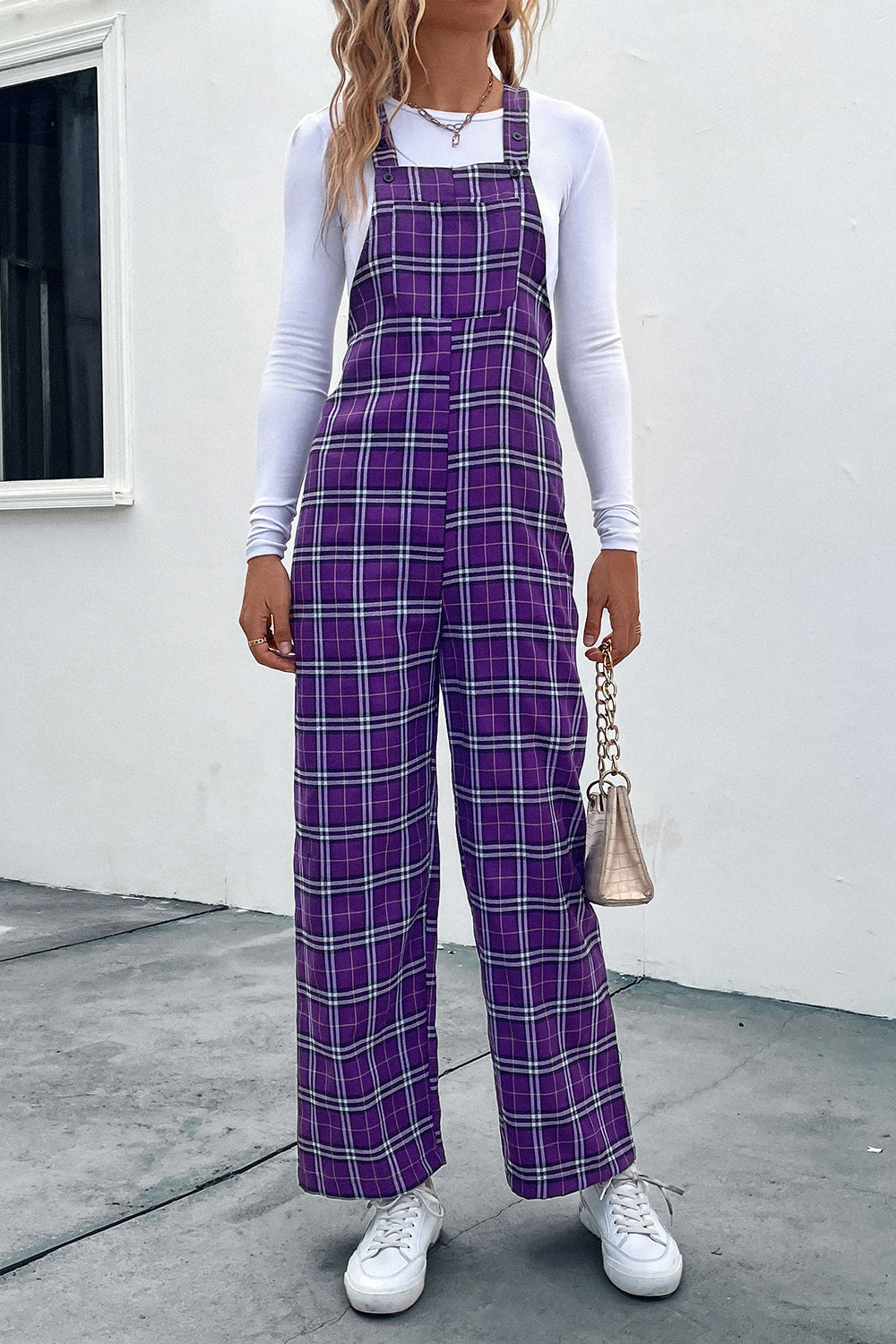 Plaid Straight Leg Overalls in Vivid Violet
