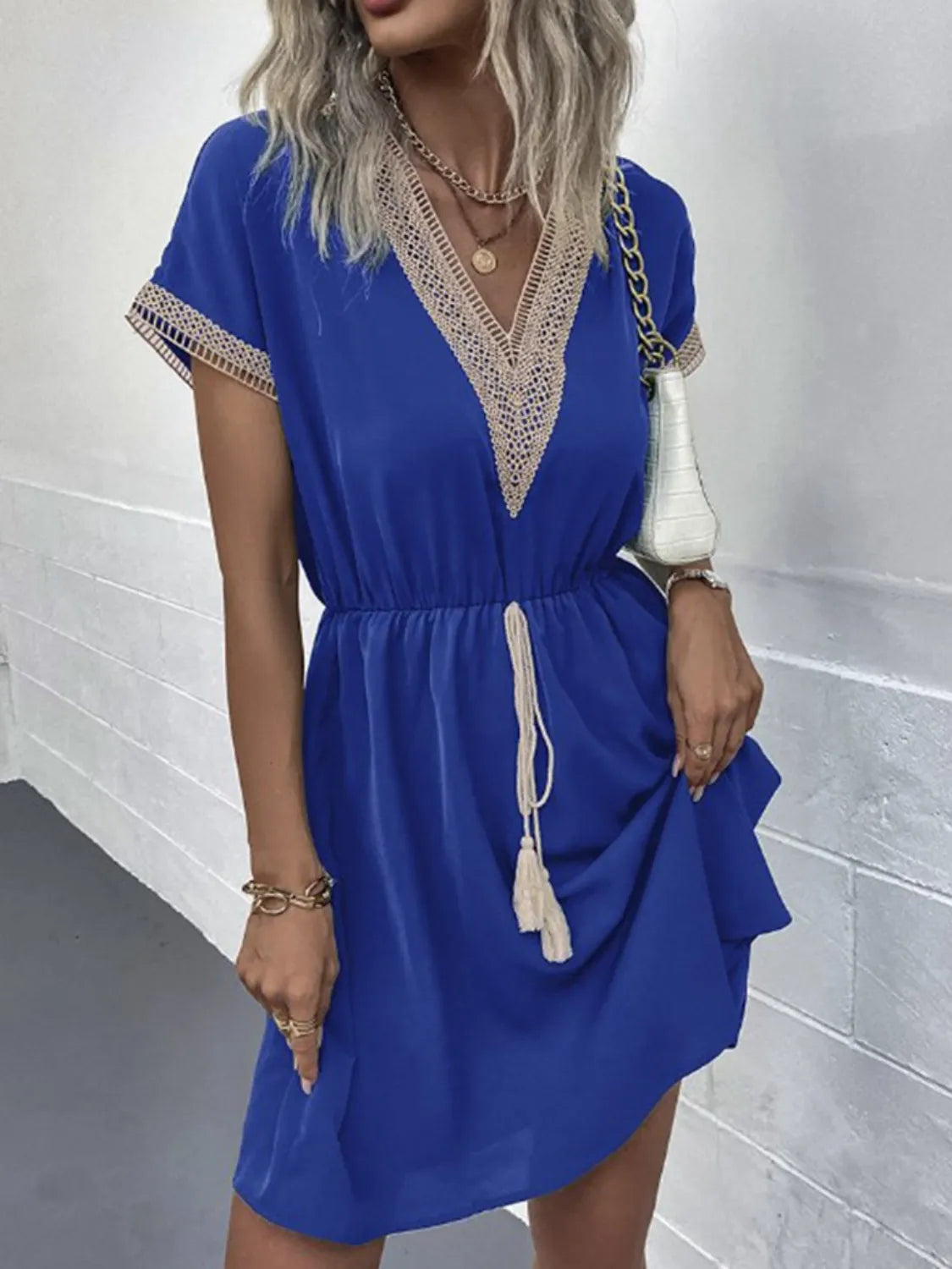 Tasseled V-Neck Short-Sleeve Dress
