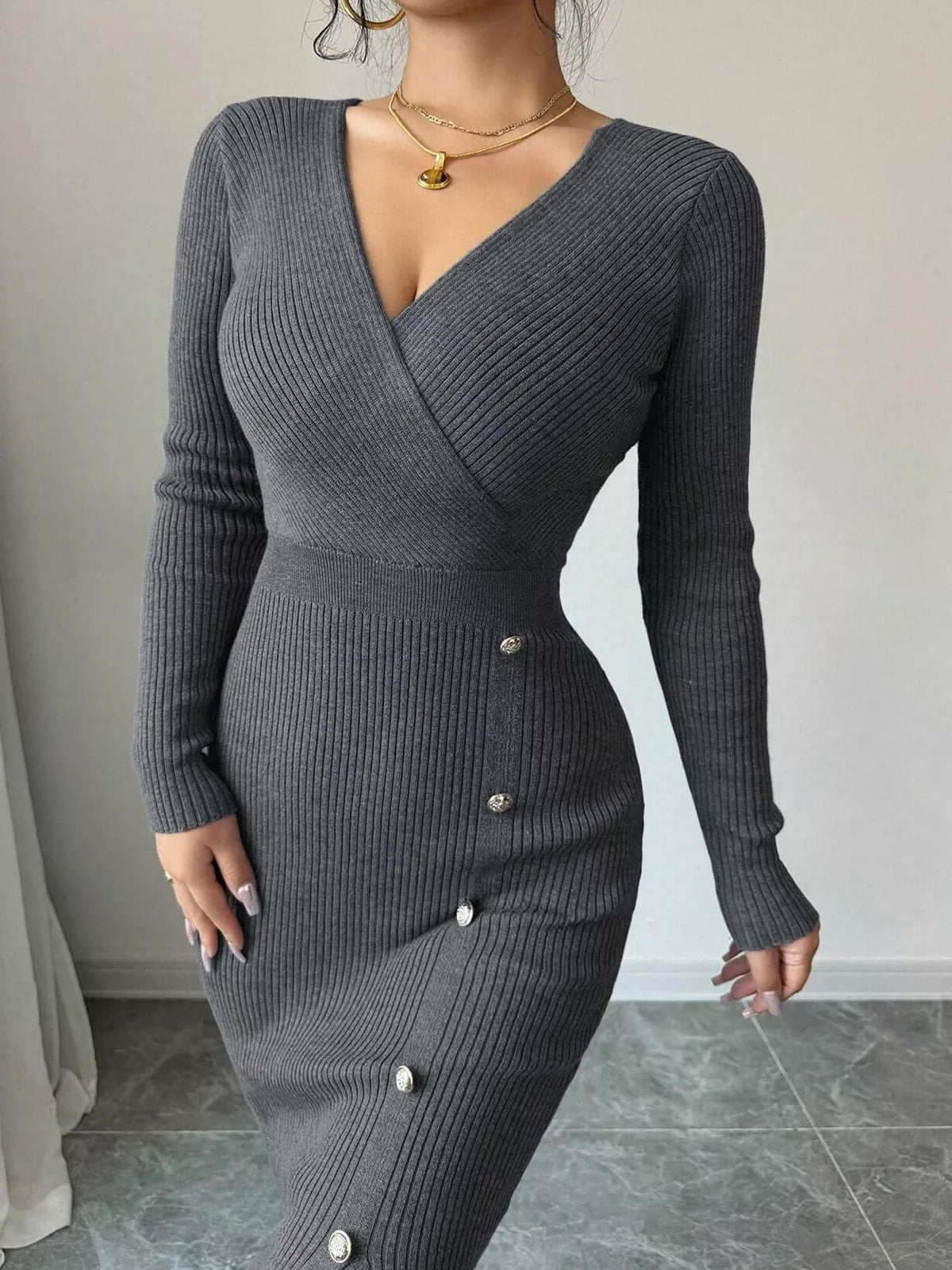 Decorative Button Ribbed Knit Sweater Dress