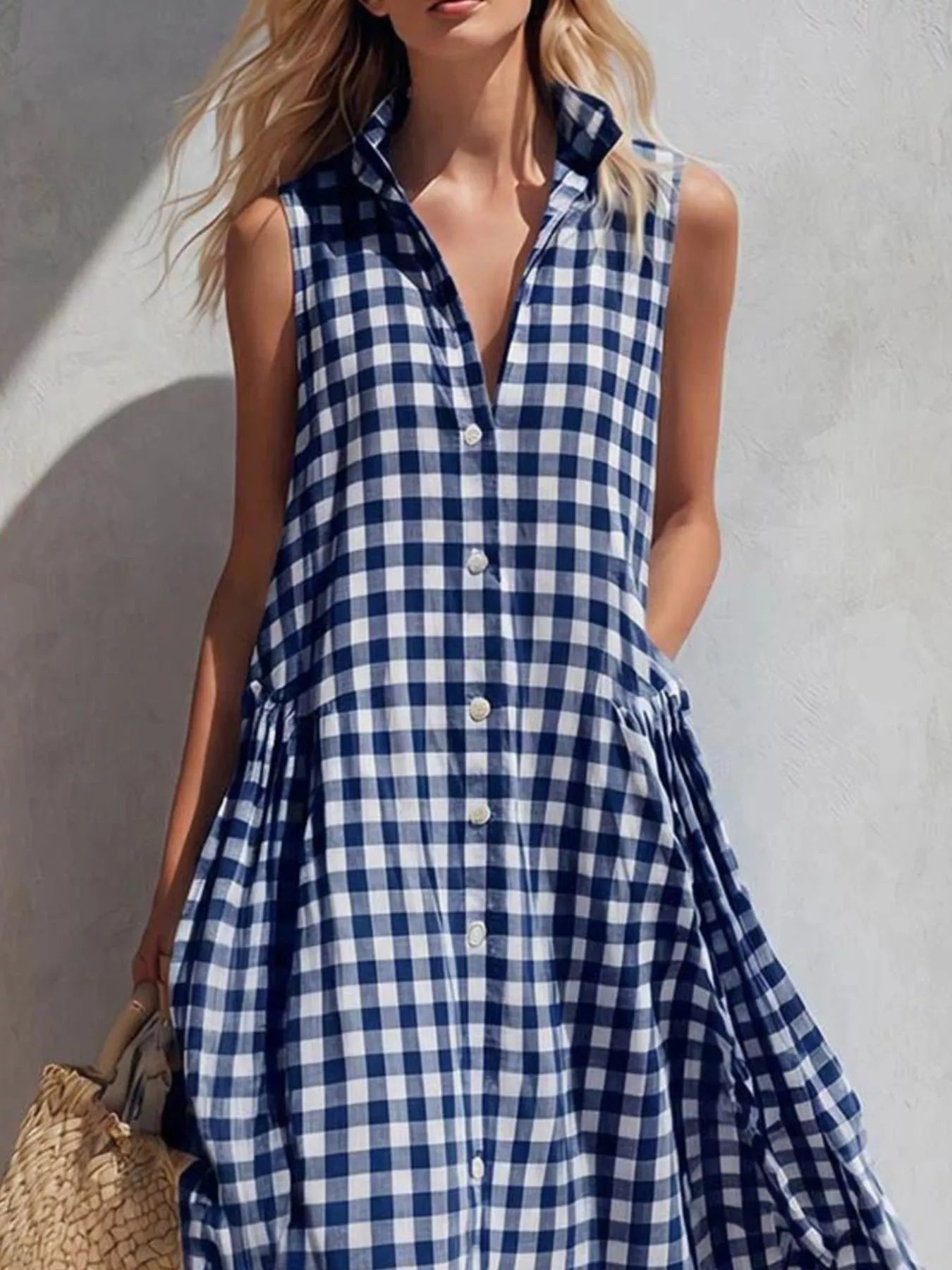 Gingham Button-Down Midi Dress