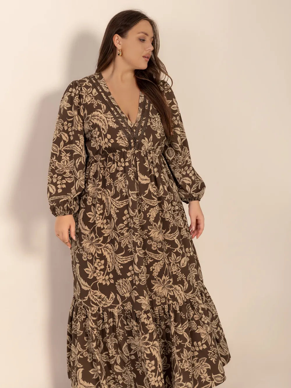 Printed V-Neck Balloon Sleeve Dress in Camel