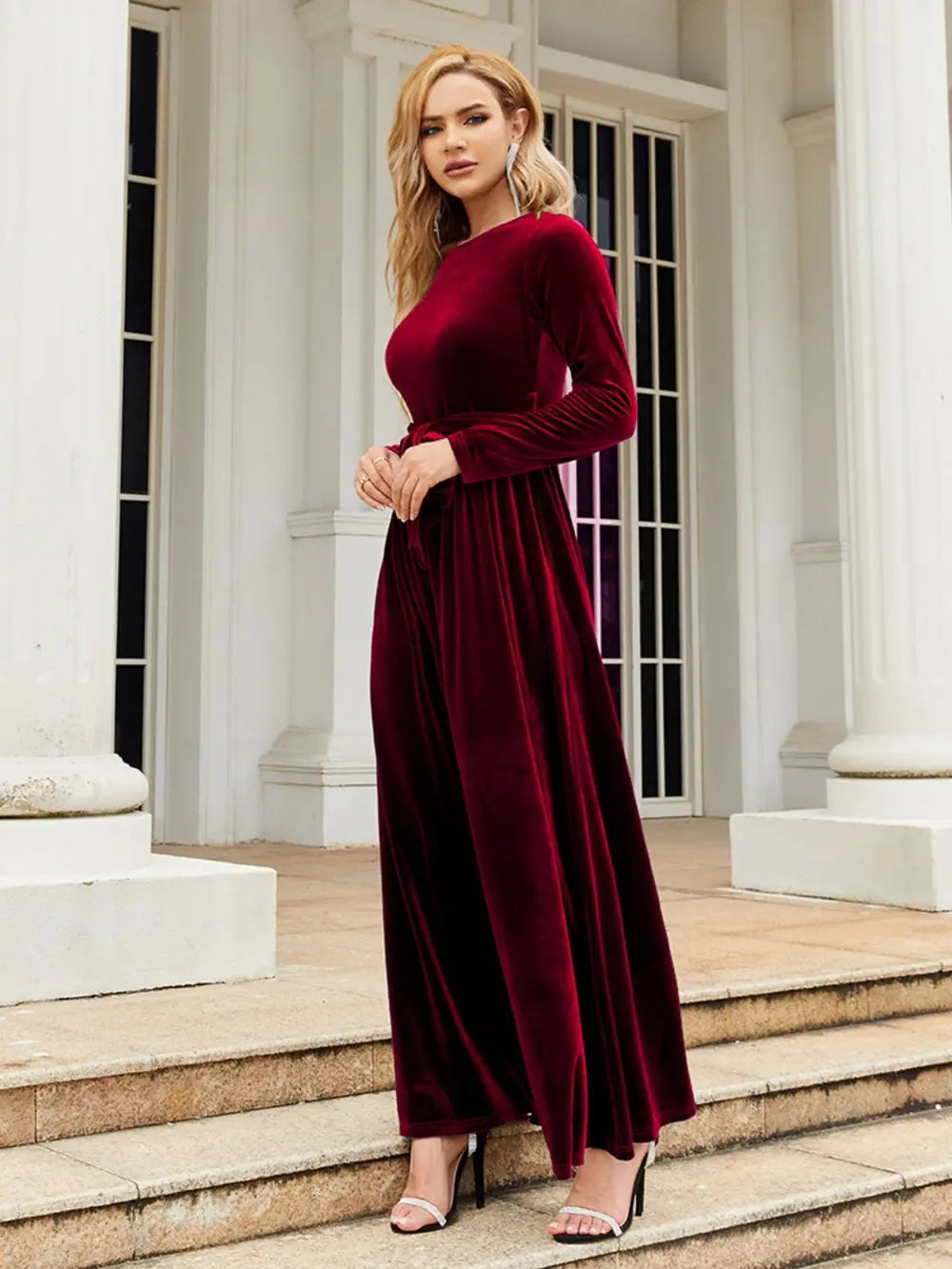 Tie-Front Round-Neck Long-Sleeve Maxi Dress