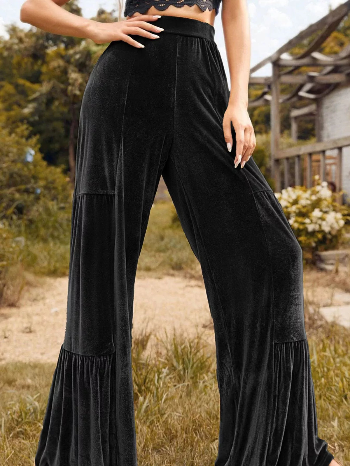 Ruched Velvet Wide-Leg Pants