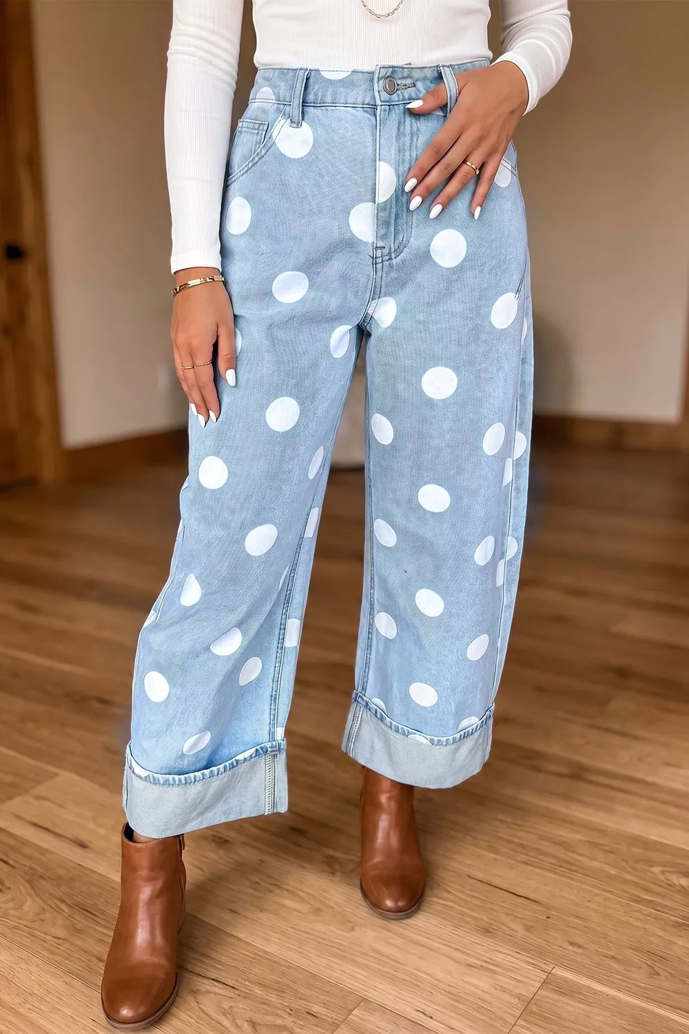 Polka Dot Metal-Button Ankle Jeans in Light Blue