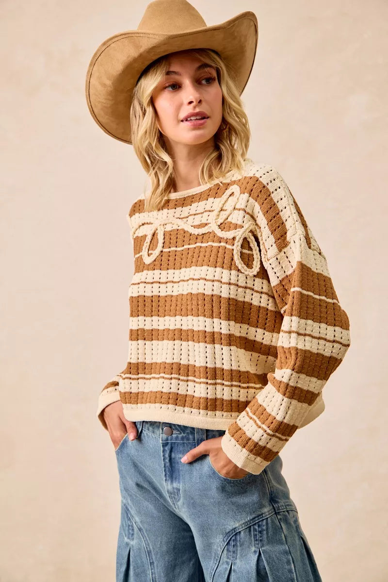 Striped Open-Knit Sweater Top in Brown by BiBi