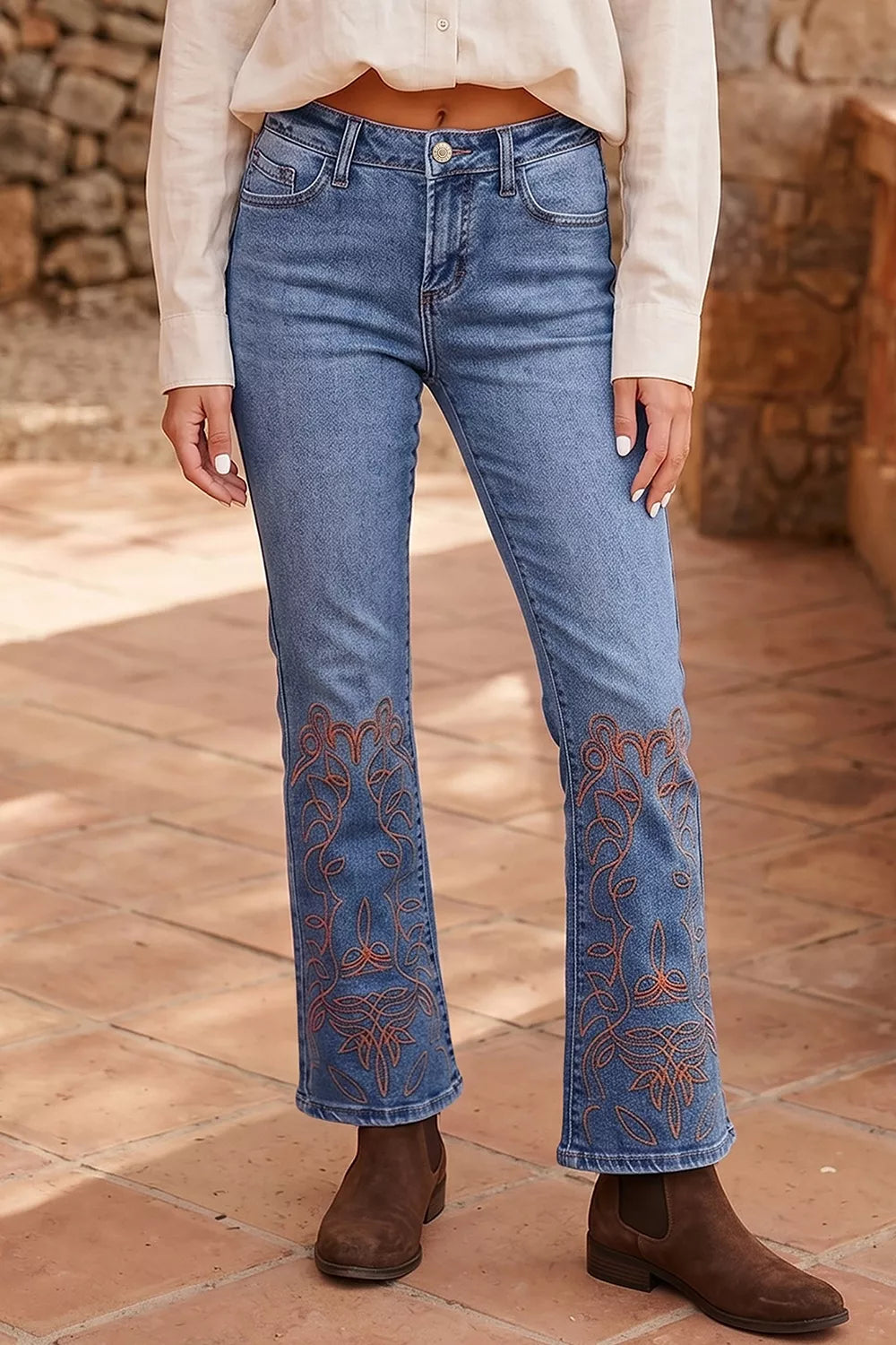 Embroidered Flare Leg Jeans in Medium Wash