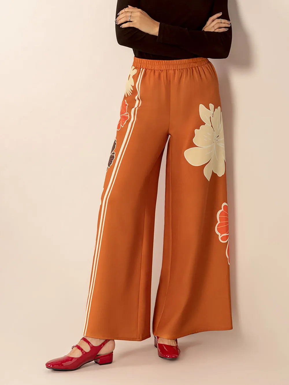 Printed Elastic Waist Wide Leg Pants in Tangerine
