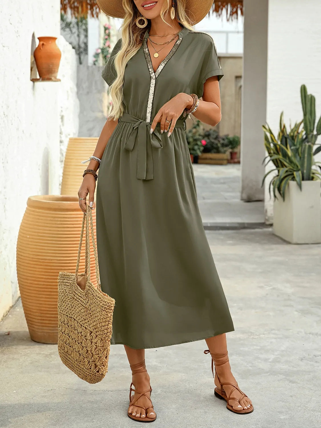 Sequin Midi Dress in Army Green