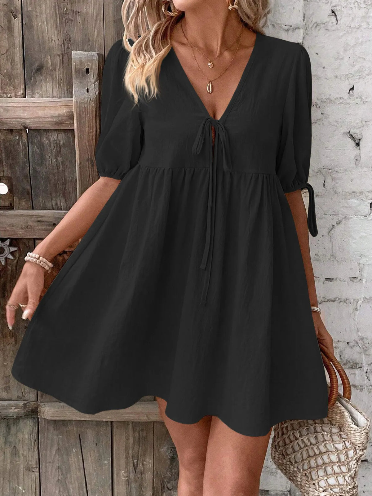 V-Neck Tie-Front Mini Dress with Puff Sleeves
