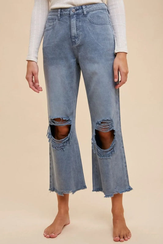 Annie Wear Distressed Raw Hem Jeans in Dusty Blue
