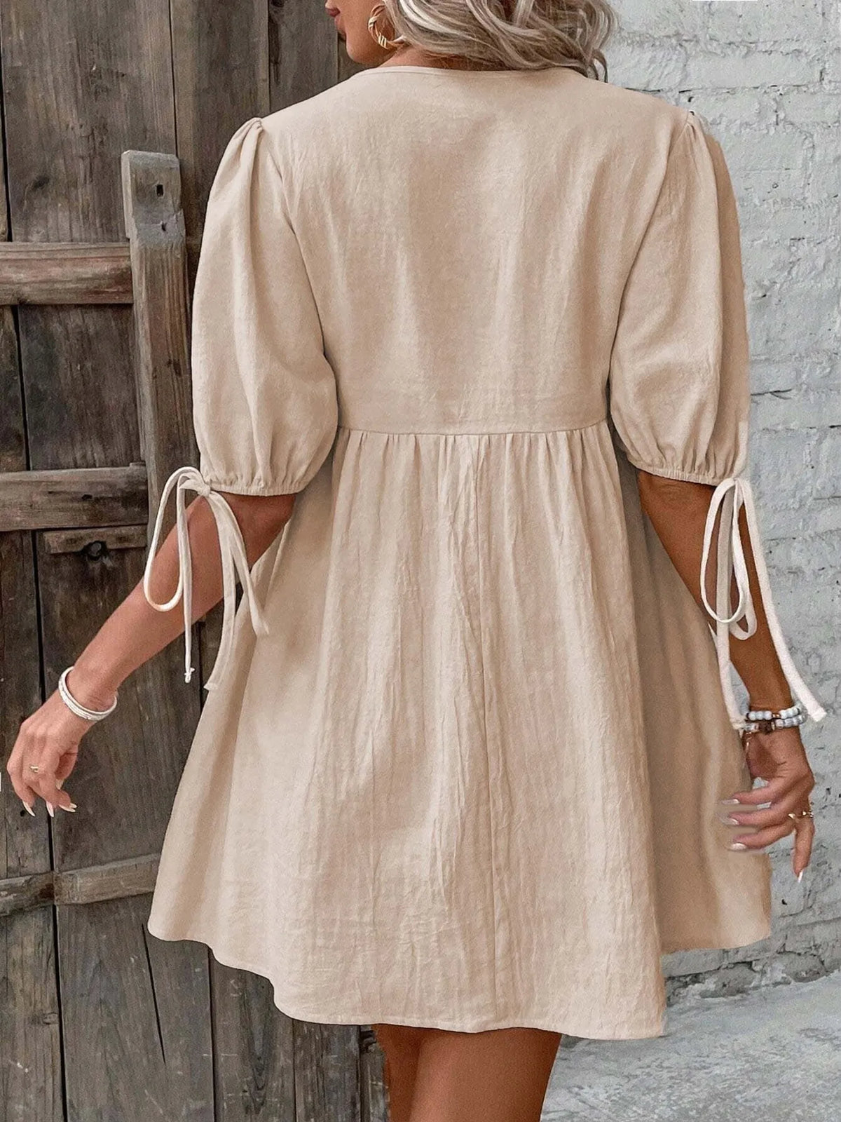 V-Neck Tie-Front Mini Dress with Puff Sleeves