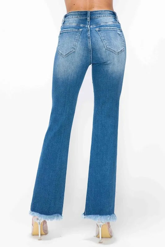 Raw Hem Distressed High Rise Bootcut Jeans in Medium Wash
