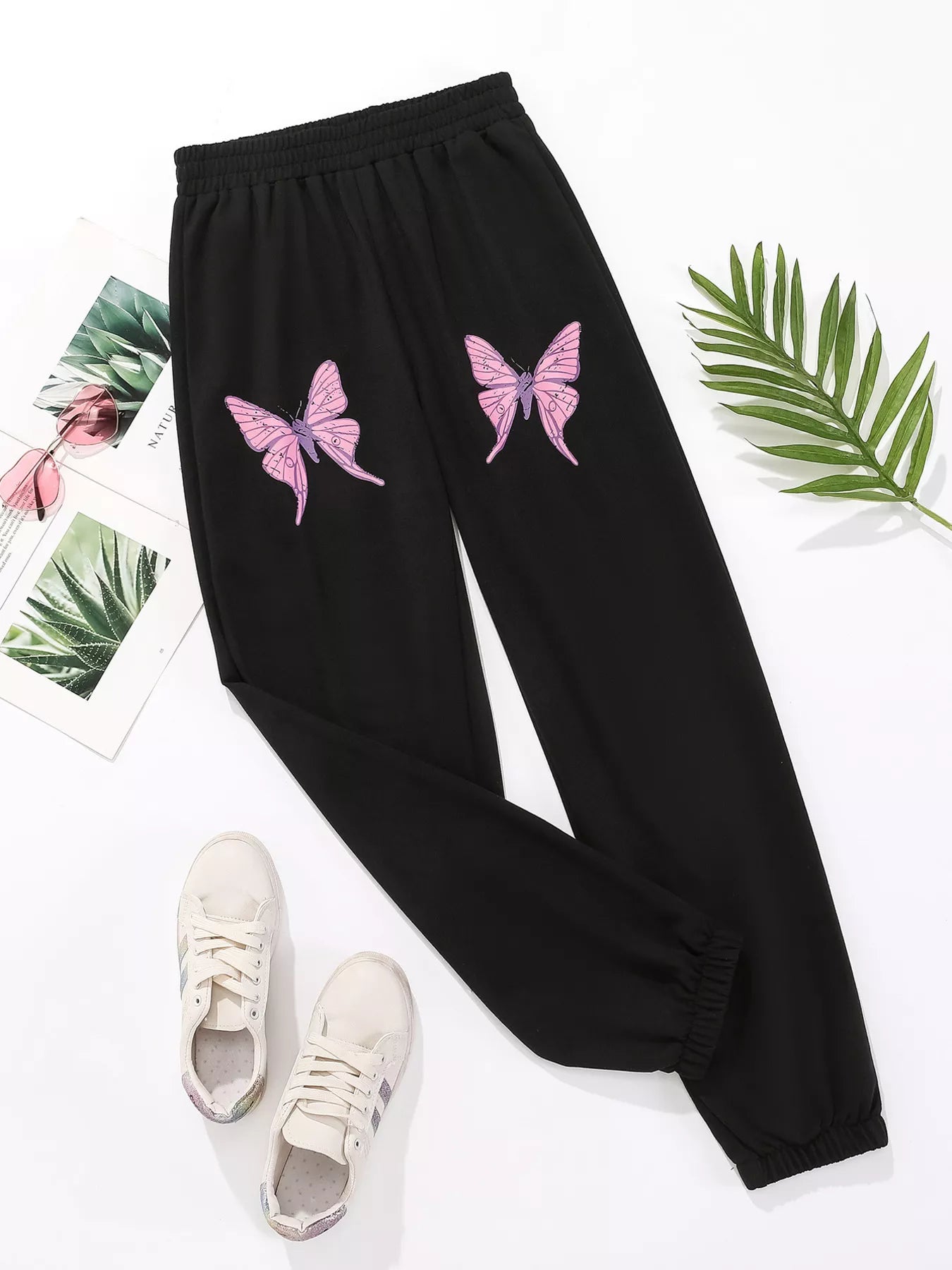Butterfly Print Casual Sweatpants in Black