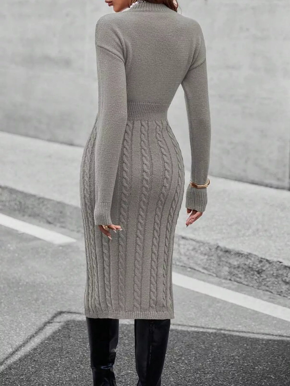 Mock Neck Cable Knit Sweater Dress with Front Slit