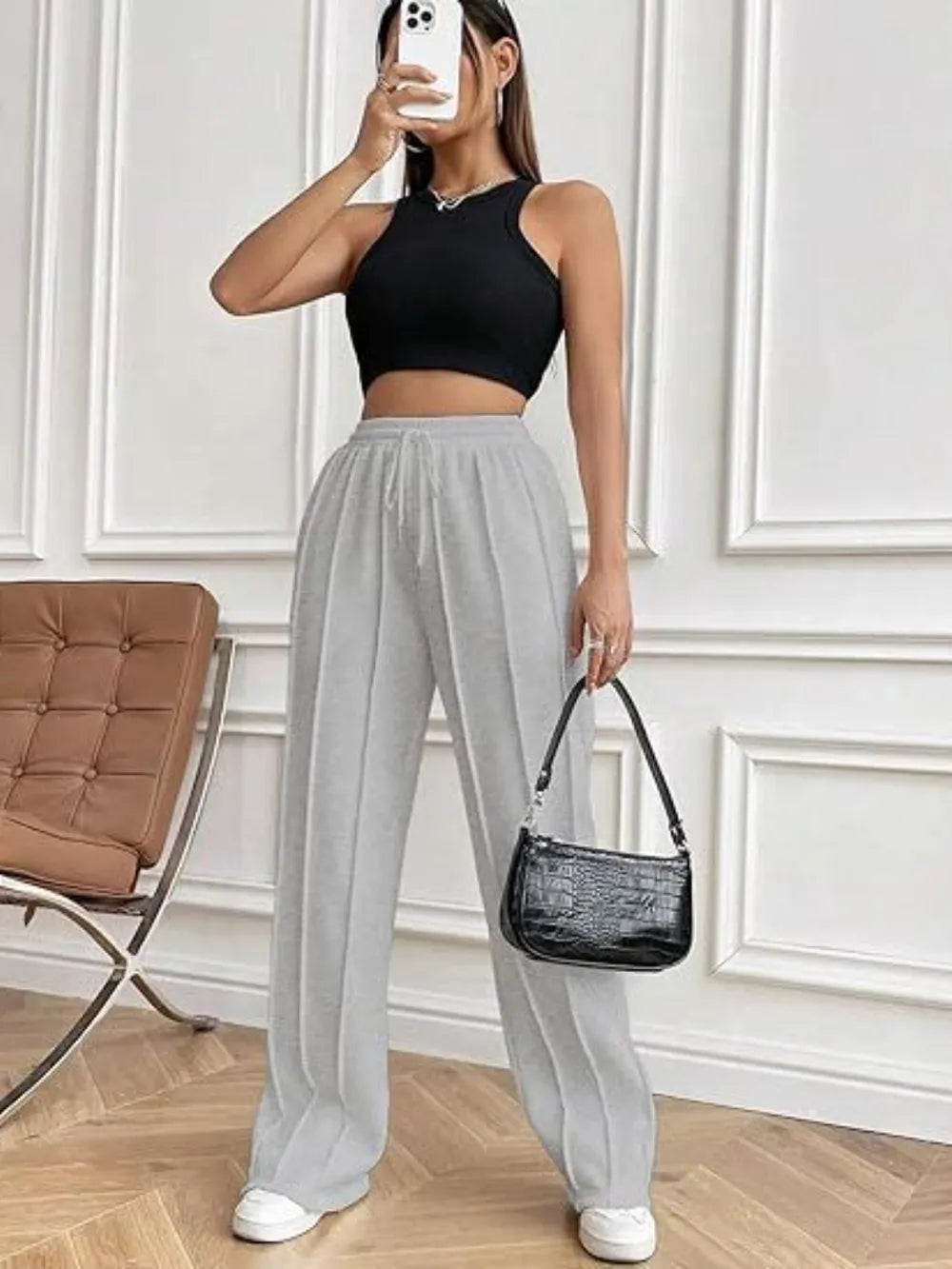 Drawstring Wide Leg Pants with Pockets by K&L