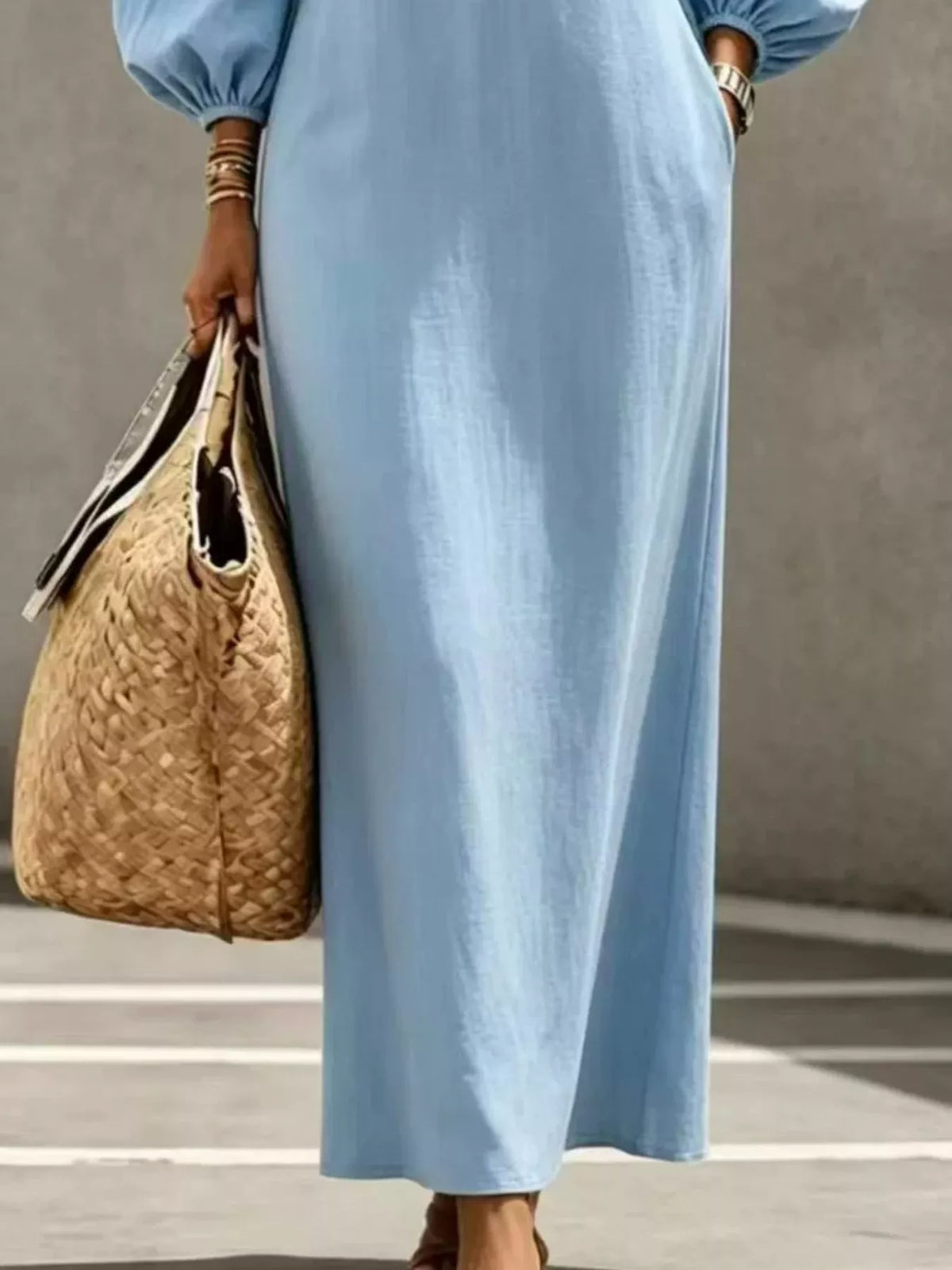 Button Balloon Sleeve Maxi Dress