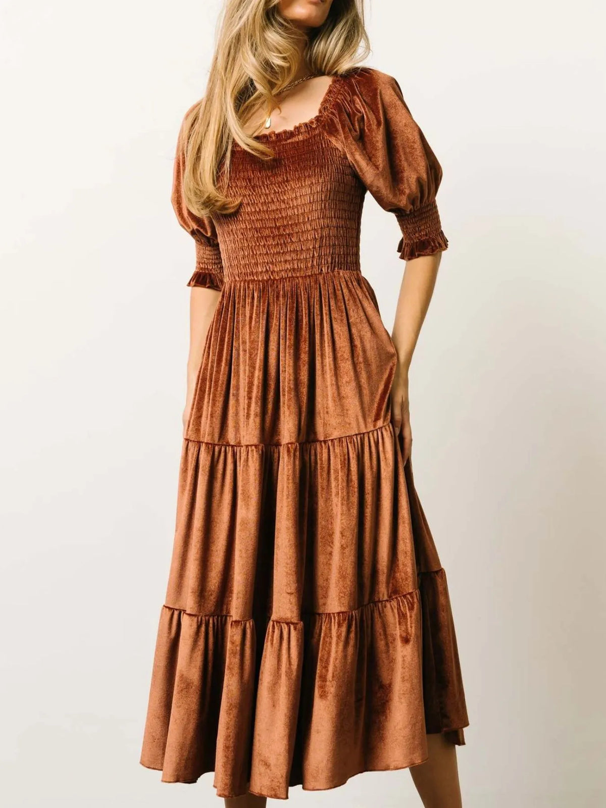 Smocked Half-Sleeve Tiered Midi Dress
