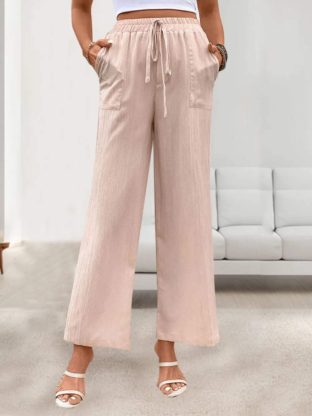 Tied Wide Leg Pants with Pockets in Apricot
