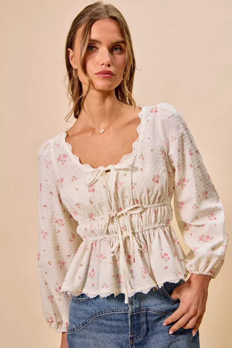 So Me Floral Clip Dot Lace Trim Blouse in White